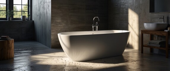 Modern Freestanding Tub in Industrial Bathroom 