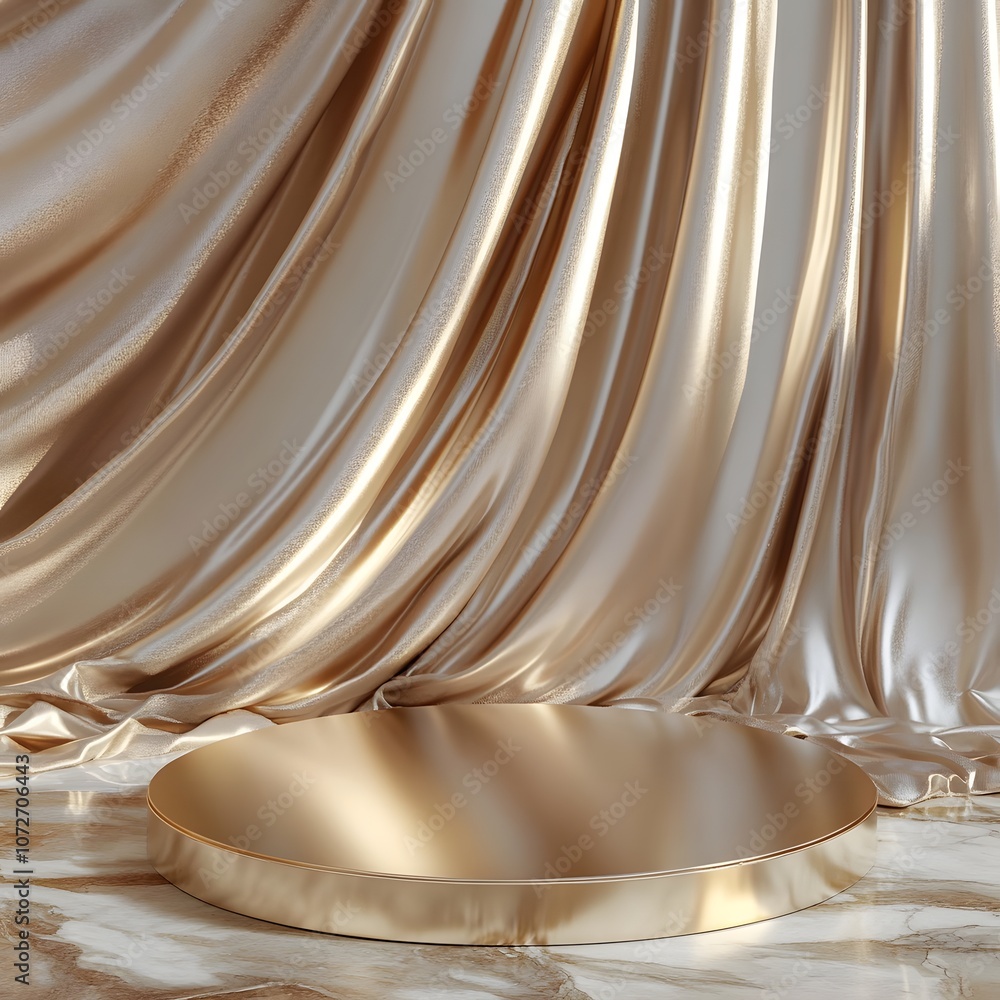 Poster create an abstract 3d scene featuring a shiny gold podium set against a luxurious fabric backdrop. t