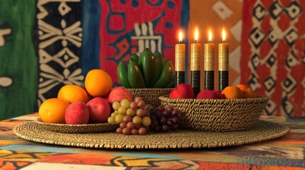 Festive Kwanzaa setup with traditional decorations, including a woven mat, baskets of fruits, and a Kinara with lit candles. The background has vibrant colors and African patterns.