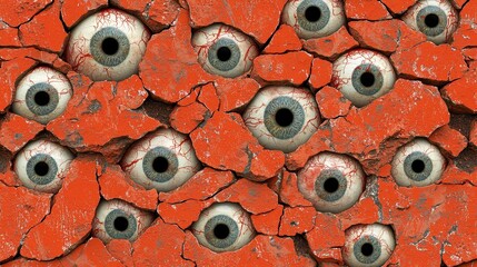 Fototapeta premium Creepy Eyes Peering From Cracked Wall Horror Halloween Surreal Art 3D Render