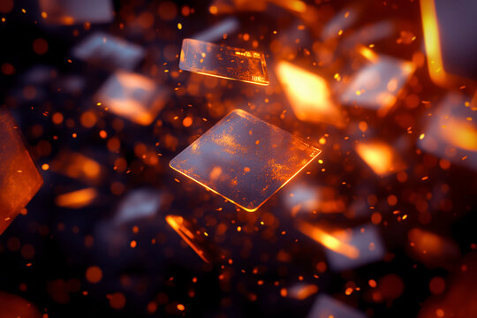 Abstract burning background with floating rectangular elements on a blurr  fire with sparks 3d render background web banner wallpaper 
technology industrial trading design