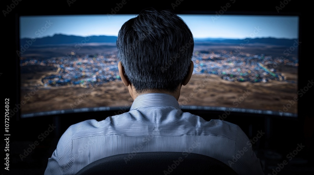 Aufkleber man monitoring mars rover landing on large screen