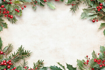 festive border of holly leaves and red berries, perfect for holiday greetings. natural elements create warm and inviting atmosphere for Christmas celebrations