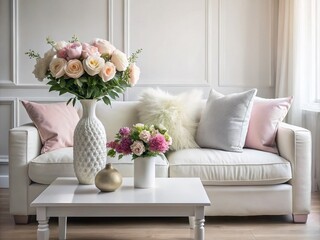 Cozy White Couch with Decorative Pillows and Elegant Flower Vase Against a Bright White Wall, Perfect for Interior Design Inspiration and Modern Living Room Aesthetics