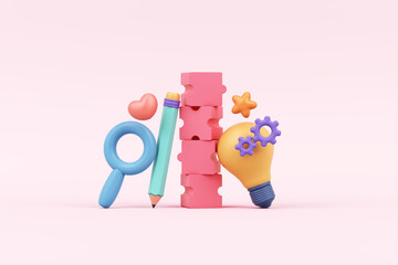 Jigsaw puzzle box with pencil, light bulb, gear, magnifying pastel learning school kids cute study children pink background. creative education imagination concept. clipping path. 3D Illustration.