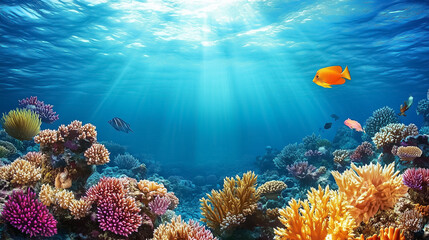 Explore a stunning underwater habitat filled with diverse corals and lively fish in bright blue waters