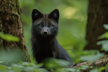 High-quality image of a sable with sleek fur and an alert expression, surrounded by dense trees, leaves, and a natural woodland environment, capturing the essence of wild beauty..