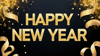 Elegant 'Happy New Year' typography surrounded by dazzling bokeh light effects, set against a bold black background, perfect for adding a glamorous touch to your holiday-themed projects.