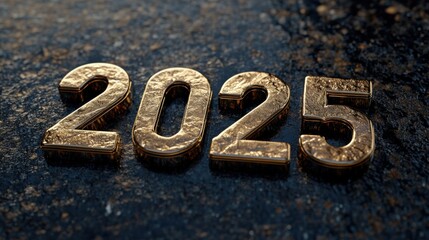 2025 symbolized by metallic 3D golden digits on a dark surface