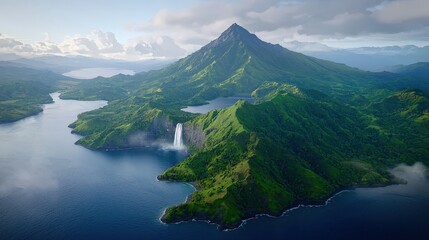 Lush Rainforest Waterfall and Mountain Landscape Aerial View