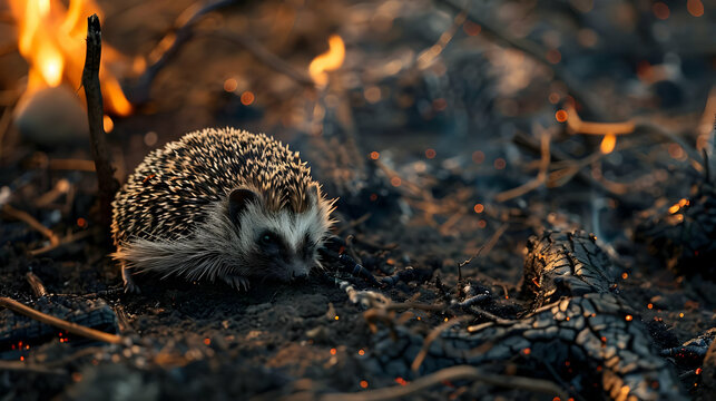 A hedgehog curled up on scorched ground after a grassfire