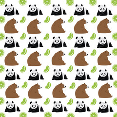 Fototapeta premium panda, bear with fruit as a pattern background