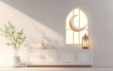 3D rendering of a white cabinet with Ramadan decorations and a lantern on the wall, a crescent moon in the window. Minimalist room interior design of a modern living room at home.