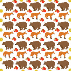 bear, fox with fruit as a pattern background