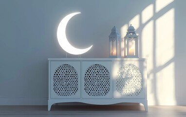 3D rendering of a white sideboard with a moon and lantern decoration on top, a window light shadow effect, and a Ramadan concept.