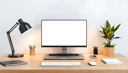 Blank screen laptop. Home office desk table workspace. Copy space mockup template isolated with white highlights, png