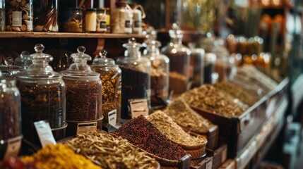 Fototapeta premium Spice market with various herbs and spices in glass jars