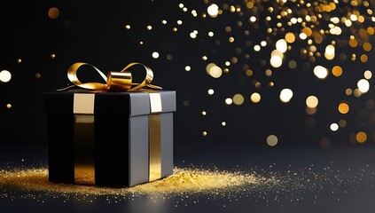 gift box on a black background surrounded by glimmering bokeh particles, evoking a magical and elegant feel.