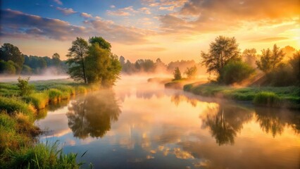 A serene river scene with mist rising from the water, bathed in the warm glow of a sunrise, creating a picturesque landscape