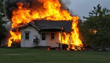 House on Fire &ndash; Intense Blaze Engulfing Home with Flames and Smoke Rising
