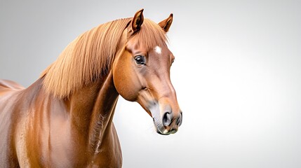 Obraz premium A stunning image of a chestnut horse with a shiny coat gazing majestically into the distance, set against a crisp white background