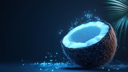Modern Young Coconut Render with Low Poly Wireframe, Glowing Particles, and Copy Space on Dark Blue Background for a Digital Futuristic Design