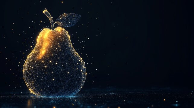 Abstract Pear with Low Poly Wireframe, Glowing Particles, and Copy Space on Dark Blue Background, Offering a Sleek and Modern Digital Design