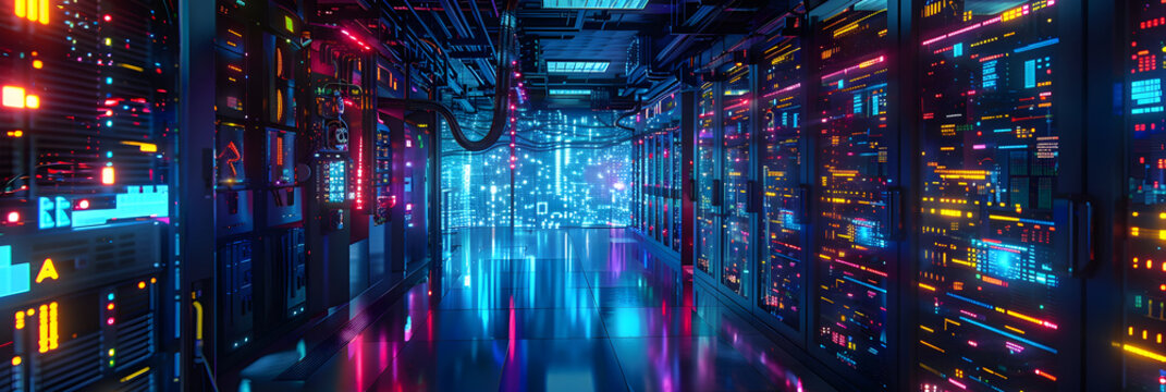 High Tech Server Room in Action: A Data Center Full of Life with a Labyrinth of Cables