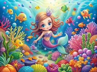 Cute Cartoon Mermaid Underwater World with Colorful Sea Creatures and Magical Coral Reefs for an Engaging Coloring Book Experience for Kids and Adults Alike
