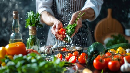 Chef preparing vegetables in a rustic kitchen setting