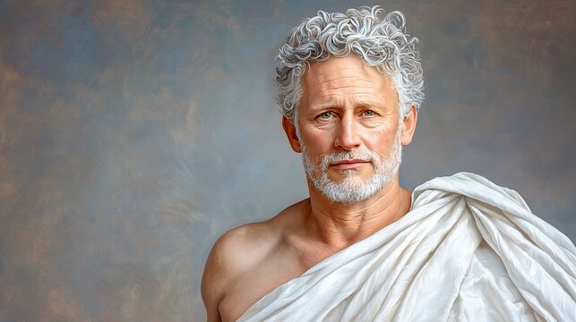 The portrait features an ancient Greek sage with striking graying hair, styled in loose curls that fall along his shoulders