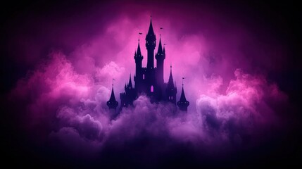 Mysterious Gothic Castle Silhouette in Purple Clouds   Fantasy Architecture Illustration