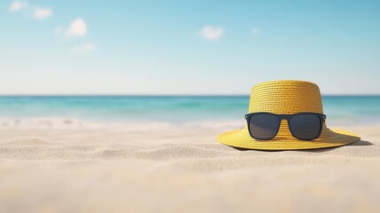 Summer Beach Vacation Essentials  Sunglasses  Hat  and Sand