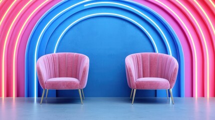Obraz premium Pink Armchairs Against Neon Blue and Pink Arch Wall