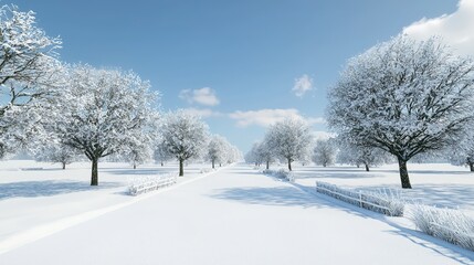 Fototapeta premium Snowy Country Road Landscape with Trees and Fence in Winter Wonderland