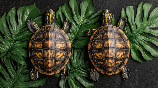 Two Turtles on Tropical Leaves   Wildlife  Nature  Shell  Reptile  Pet  Animal  Background