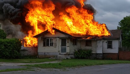 House on Fire &ndash; Intense Blaze Engulfing Home with Flames and Smoke Rising