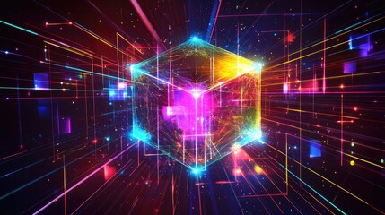 Obraz premium Vibrant Abstract 3D Cube in Colorful Light Burst