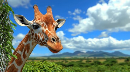 Giraffe Close up Portrait with African Landscape   Wildlife Photography