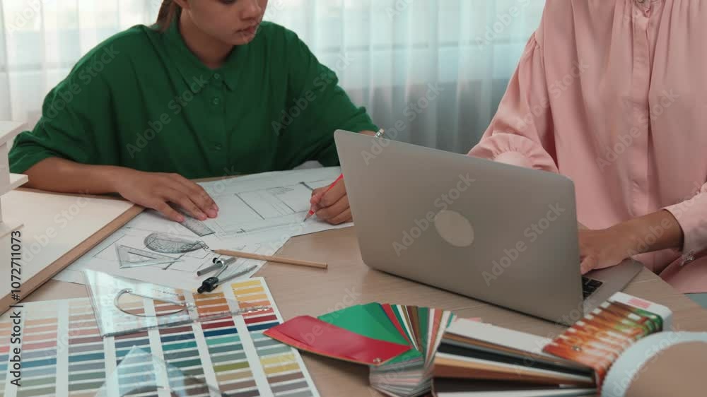 Poster slow motion interior designer using architectural equipment draw a blueprint while interior designer