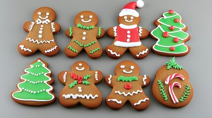 Obraz premium Assorted Gingerbread Cookies with Frosted Christmas Patterns and Holiday Decor
