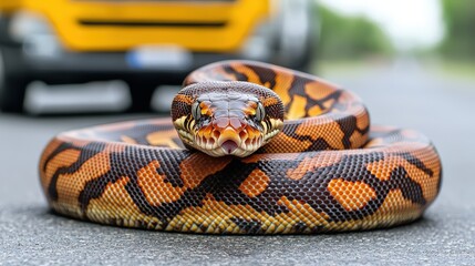 Obraz premium Boa Constrictor Snake on Road with Blurred Truck Background