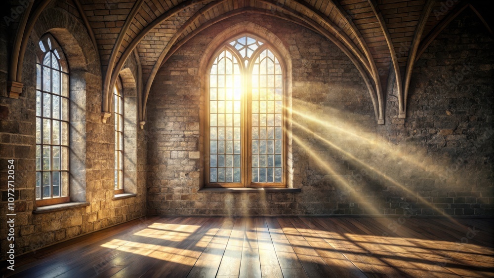 Poster Sunlight streaming through a large arched window in an old stone building with wooden floors and vaulted ceilings