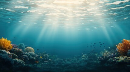 Fototapeta premium Underwater Scene with Sunlight Coral Reefs and Fish