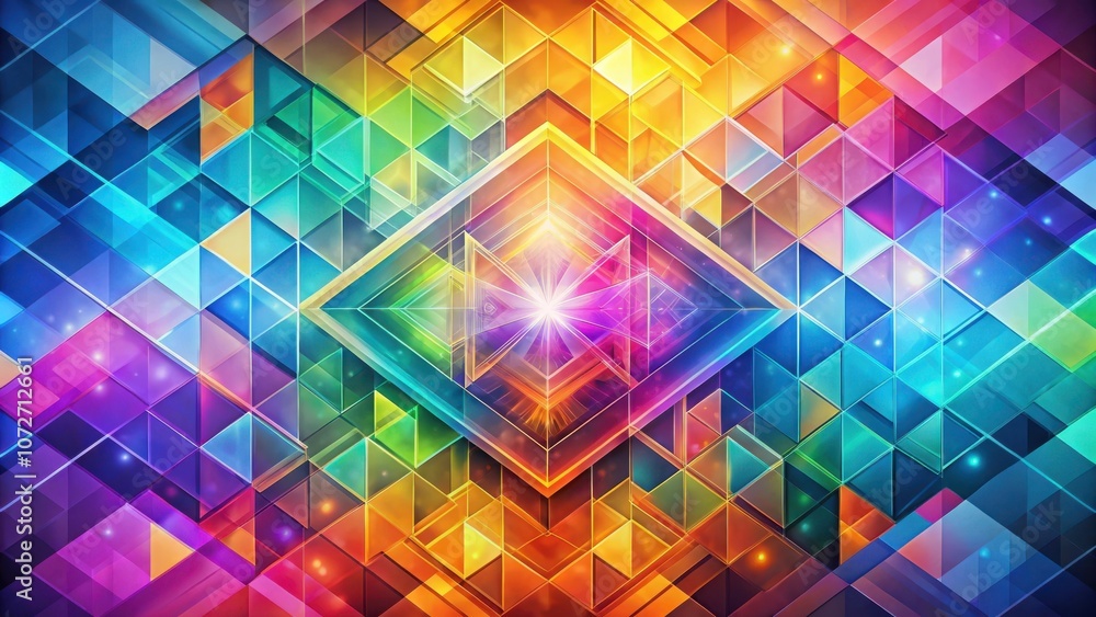 Poster a kaleidoscopic display of vibrant geometric shapes, radiating with radiant color and a luminous cen