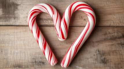 Classic Red and White Candy Canes Arranged in a Heart Shape on a Wooden Surface, festive and sweet