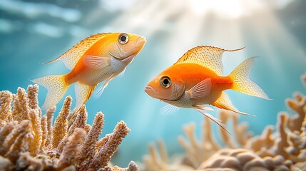 Fototapeta premium The playful movements of the vibrant reef fish in the sunlit coral reef intertwine with the rhythmic patterns of the swaying coral, forming a harmonious dance of natures beauty