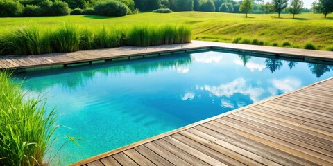 Obraz premium A crystal clear swimming pool with a wooden deck surrounded by lush greenery and a distant view of a green grassy field.