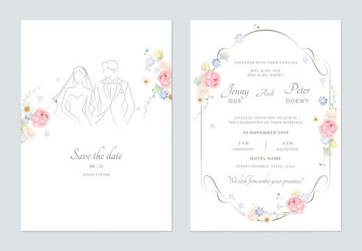 Wedding invitation template set of minimalist floral frame on a white background, creating a romantic and timeless feel