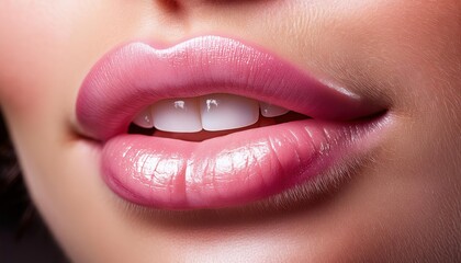 Fototapeta premium Glossy Pink Lips with Natural Shine and Smooth Texture